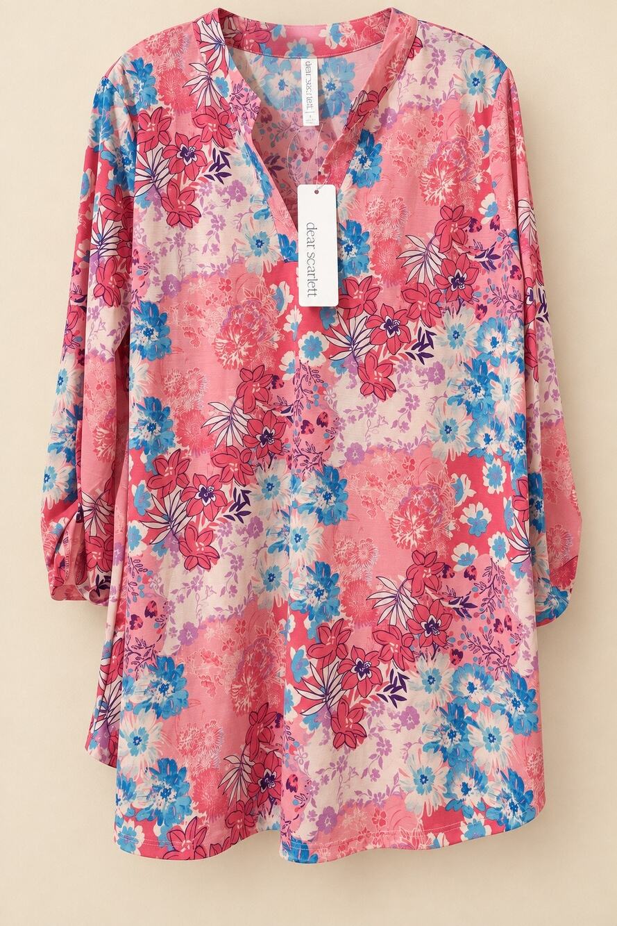 Dear Scarlett Floral Tunic Blouse Womens L Pink V Neck Long Sleeve Boho NWOT